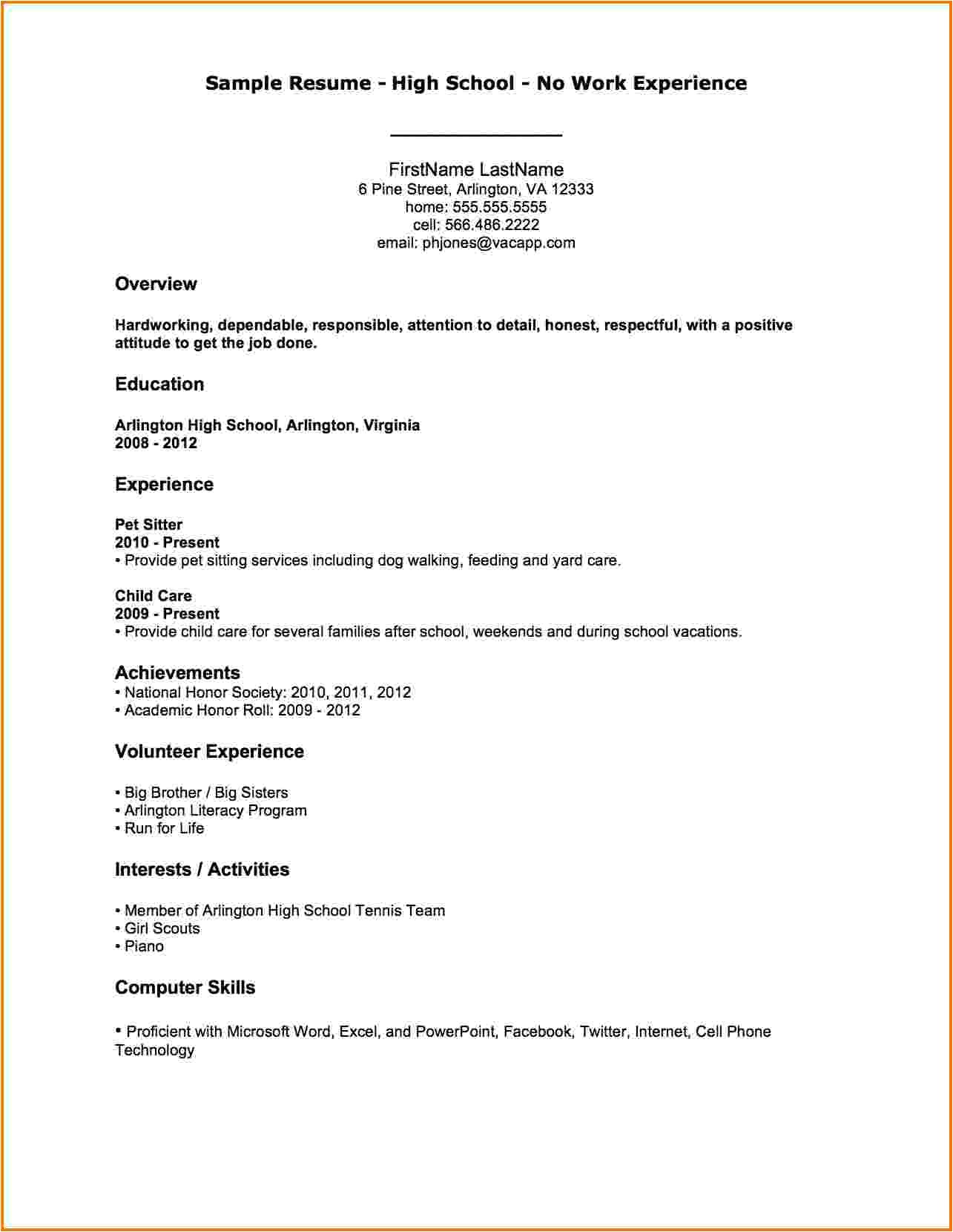Sample Resume with No Work Experience 6 First Resume No Experience Sample Financial Statement