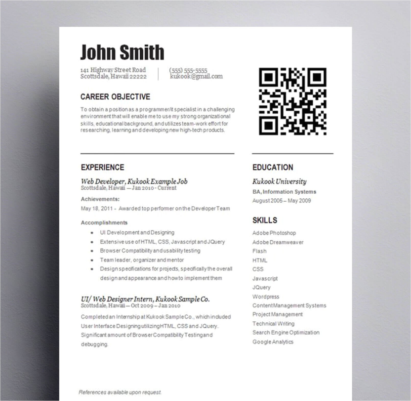 Sample Resume with Qr Code Entry Level Template with Qr Code Kukook