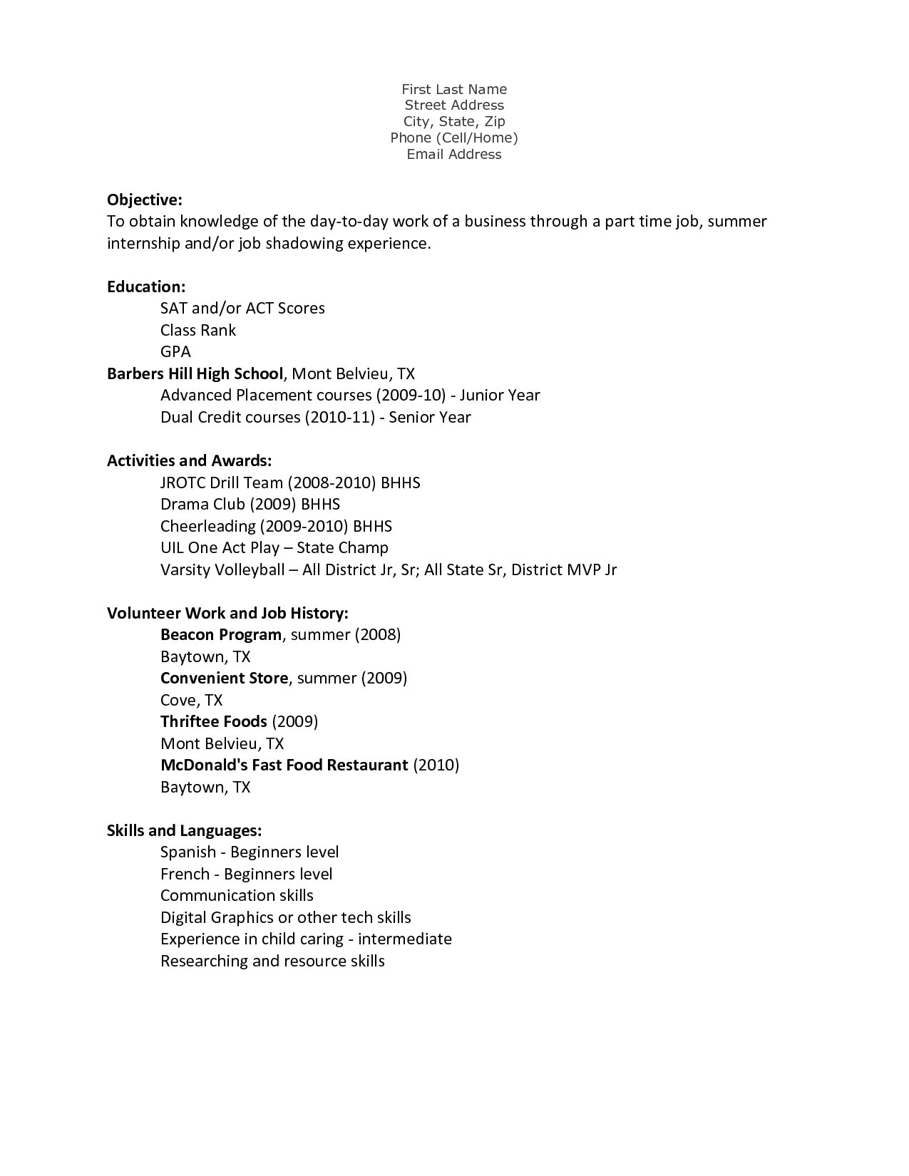 Sample Teen Resume Teen Resume Free Excel Templates