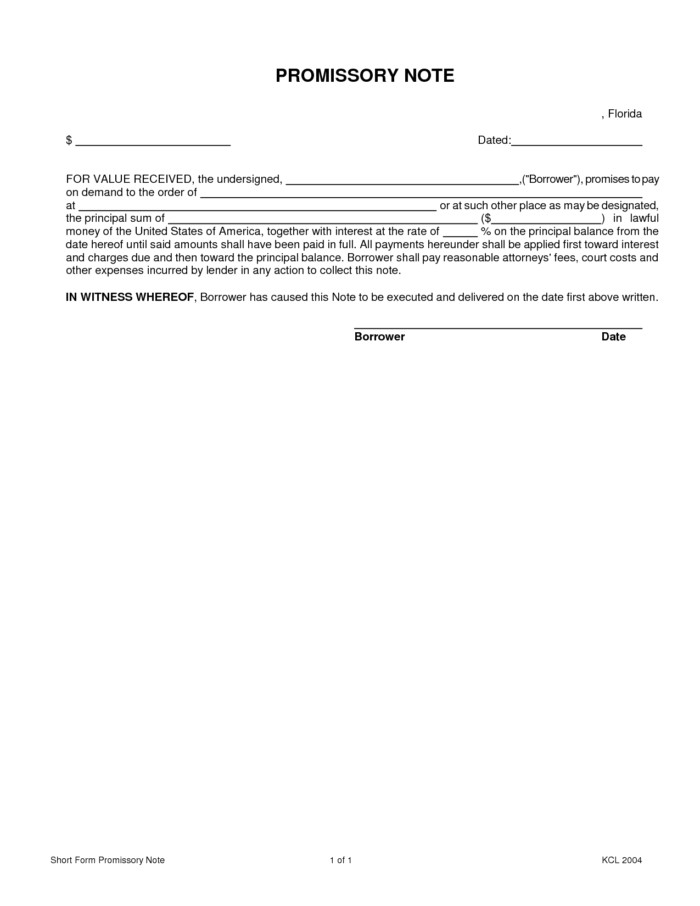 short form template sample of basic promissory note