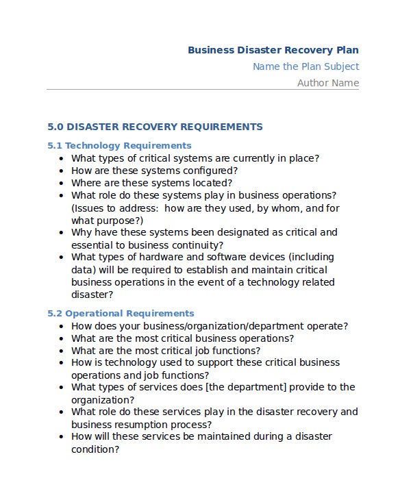 sample disaster recovery plan templates