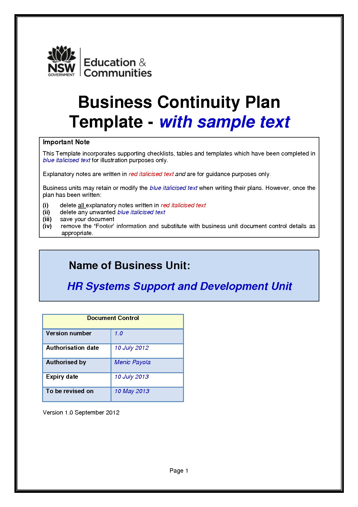 disaster recovery plan sample for small business