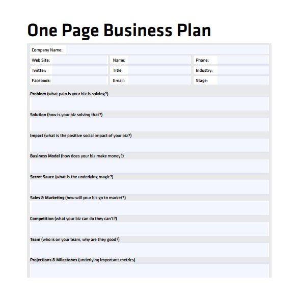 one page business plan template