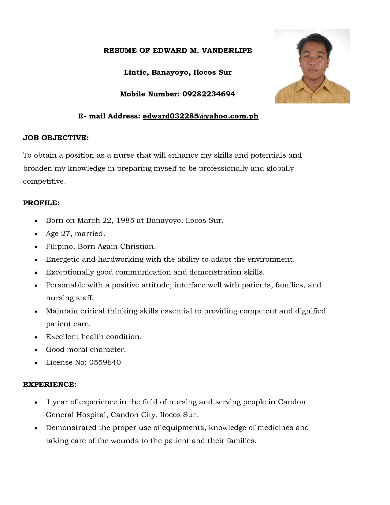 basic simple filipino nurse resume sample 2014