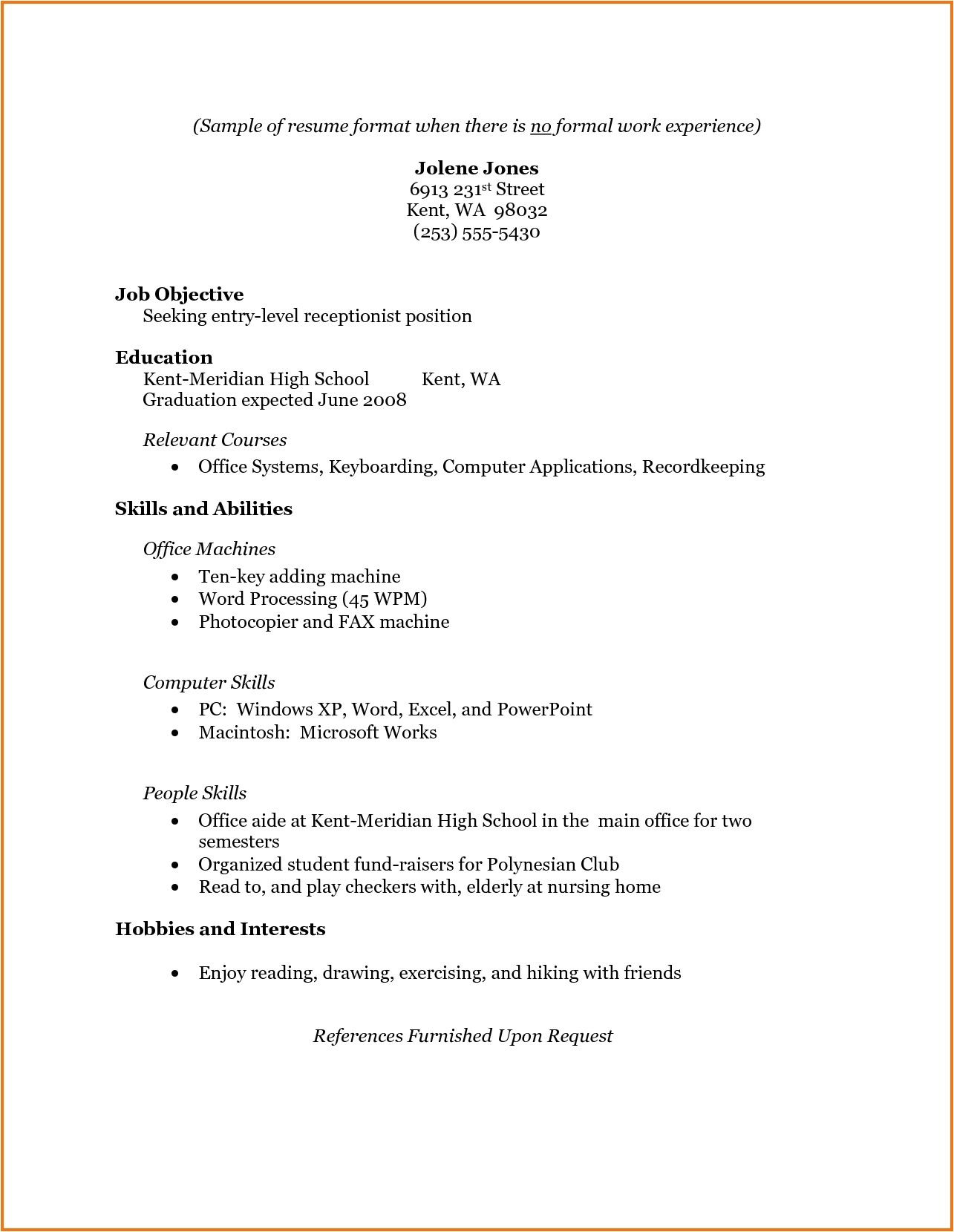 simple resume sample without experience