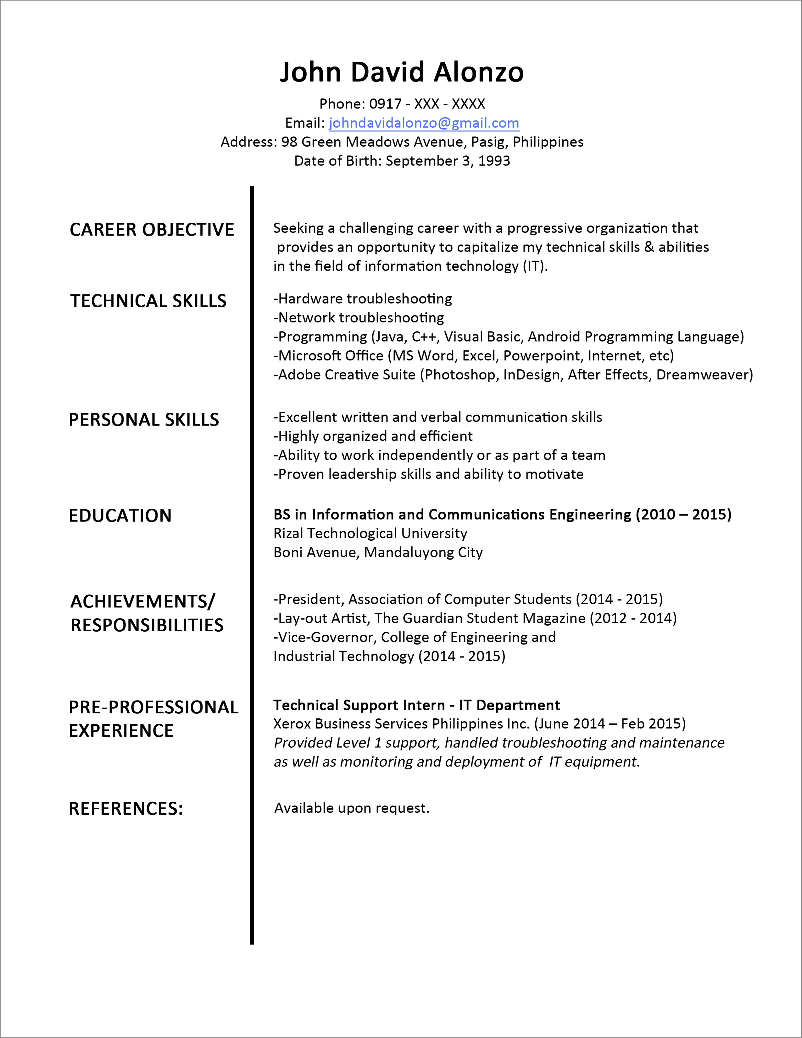 sample resume format fresh graduates single page