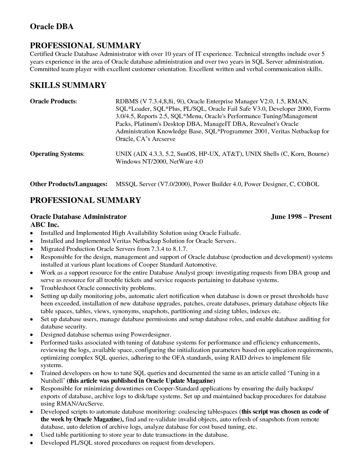 sle resume for sql developer fresher