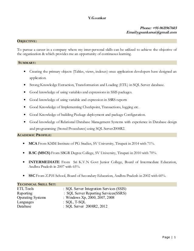 Sql Fresher Resume Sample Sql Fresher Resume Resume Ideas