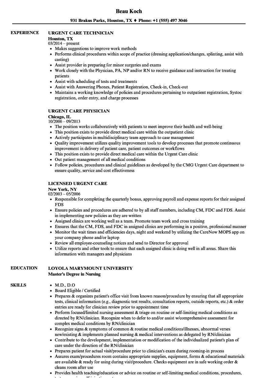 Urgent Care Resume Sample Urgent Care Resume Samples Velvet Jobs
