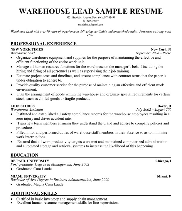 resume format latest for warehouse