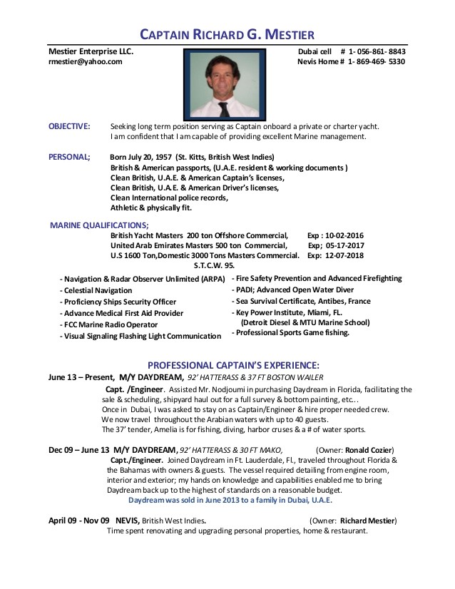 Yacht Captain Resume Sample Mestier Latest Resume