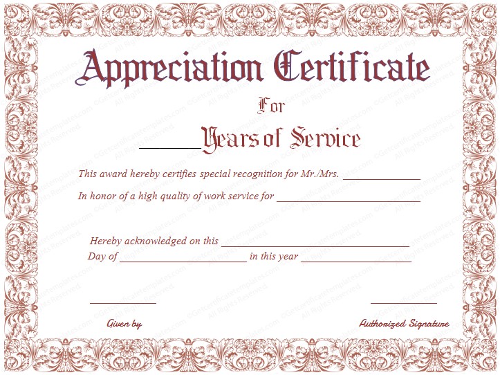appreciation certificate for years of service