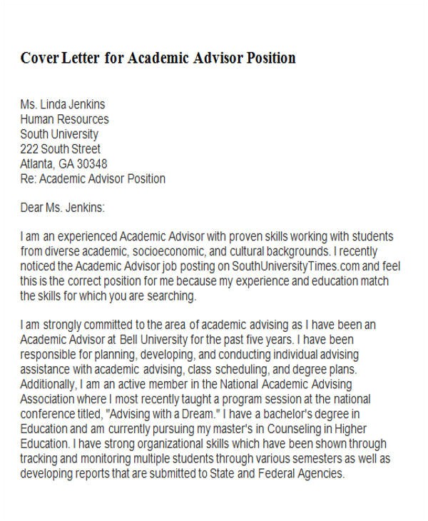 sample academic advisor cover letter