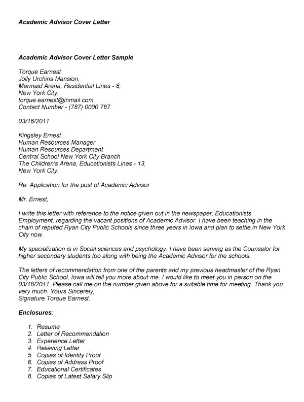 academic advisor cover letter