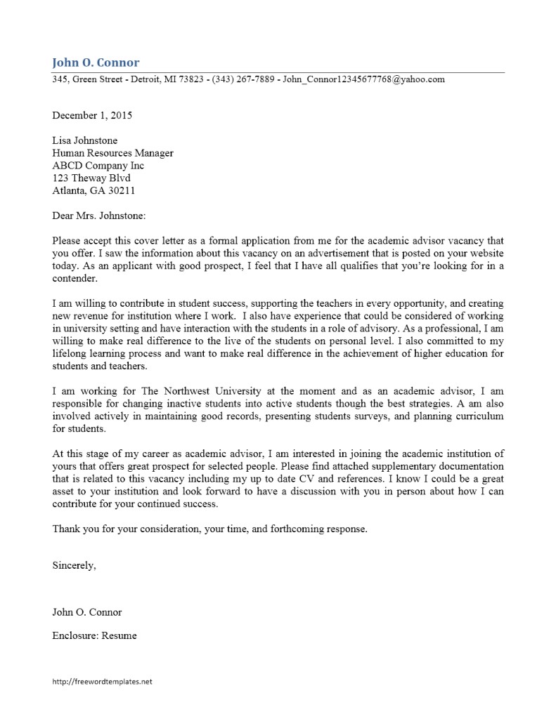 Academic Advisor Cover Letter Templates Free Microsoft Word Templates Part 8