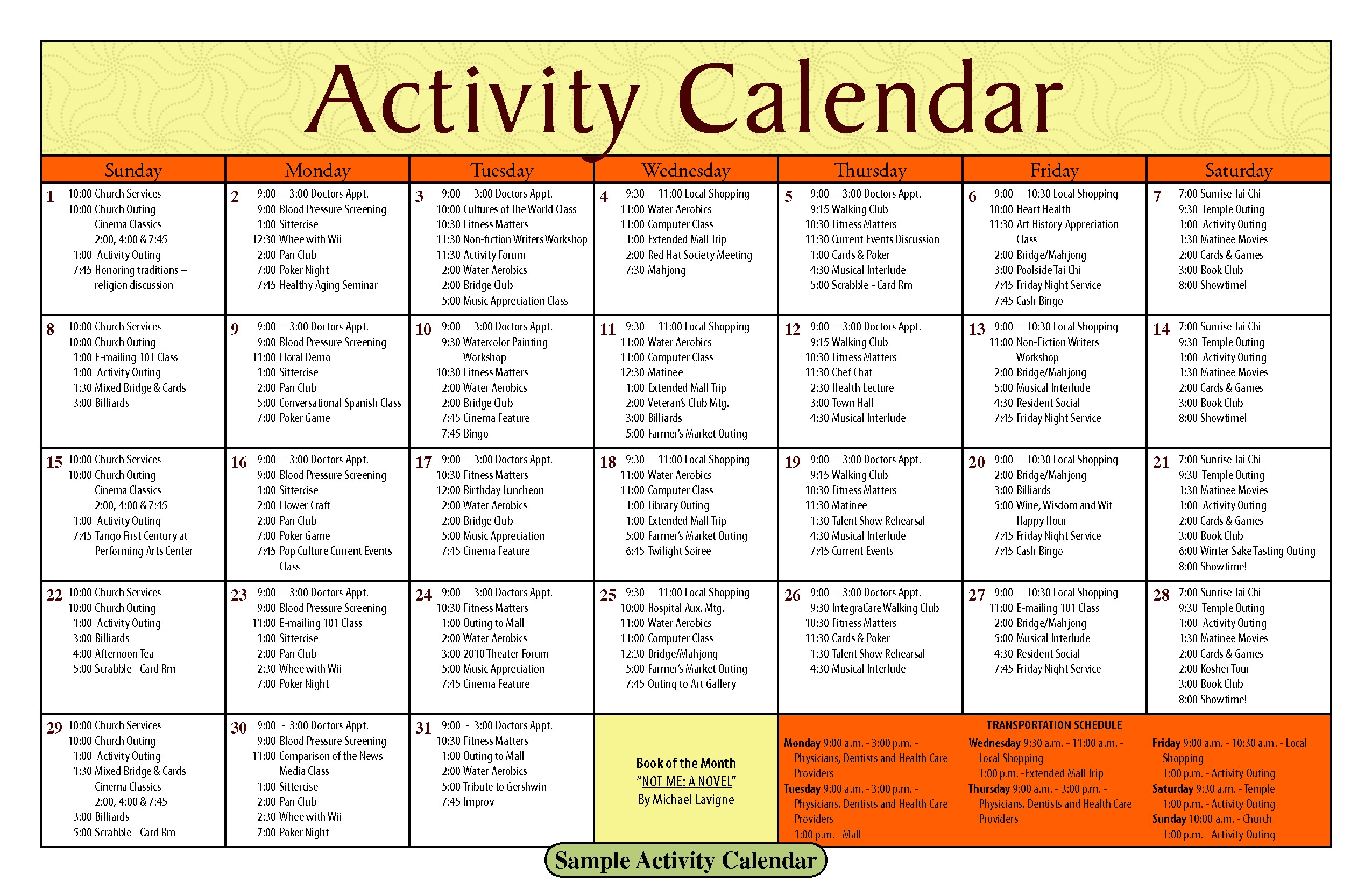 Activity Calendar Template for Seniors 14 Blank Activity Calendar Template Images Printable