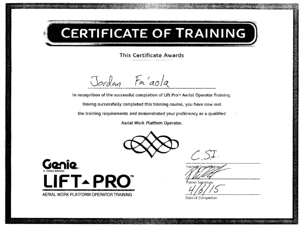 aerial lift certification card template