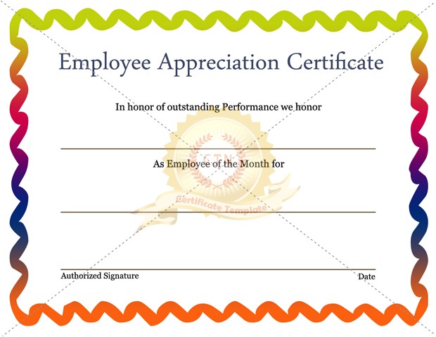 free editable employee appreciation certificate example with colorful frame border and blank filled text space