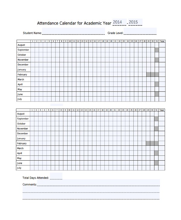 attendance calendar template