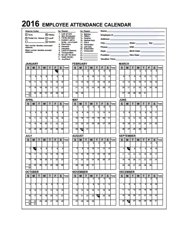 attendance calendar template