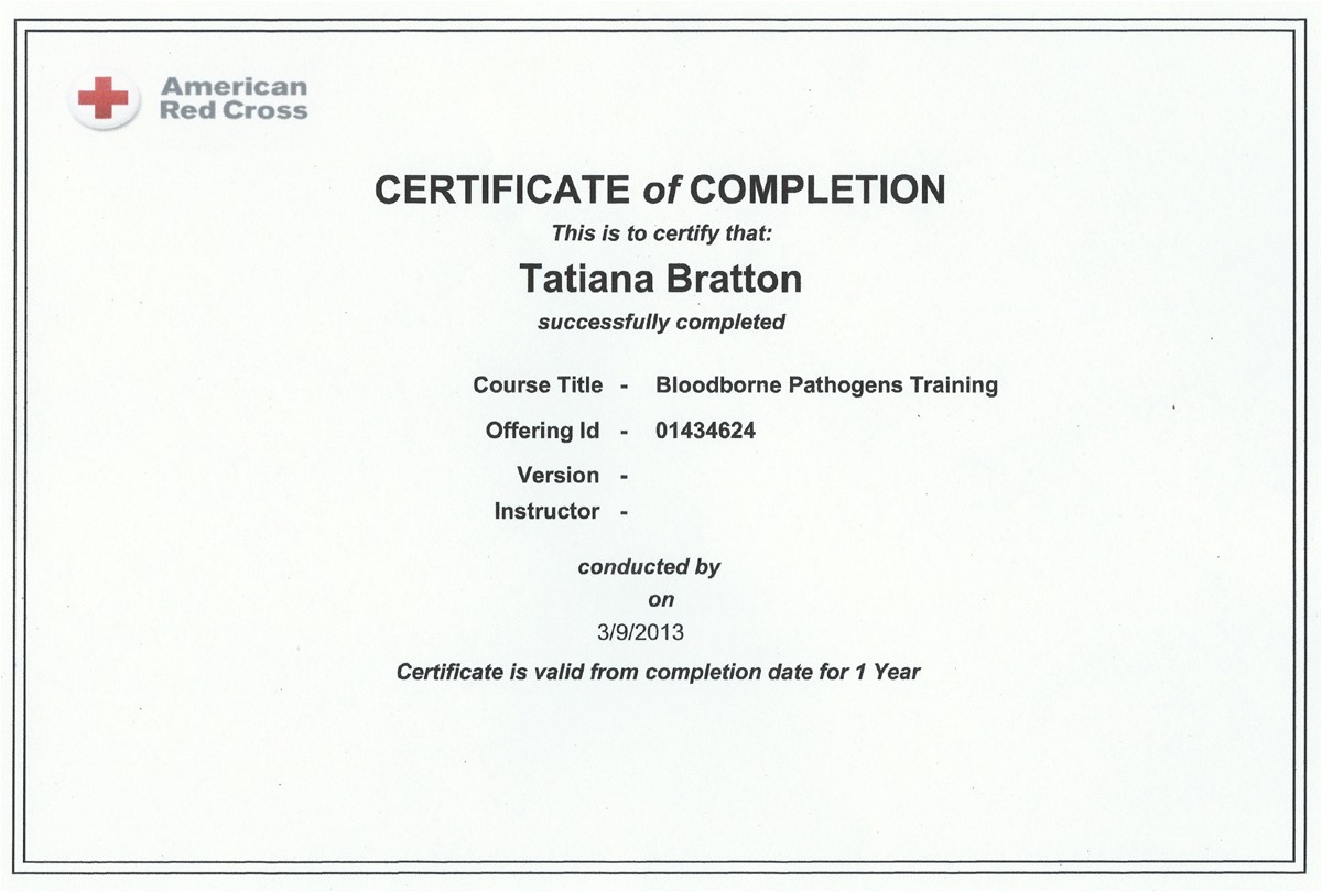 Bloodborne Pathogens Certificate Template Certifications Bratton Clinic