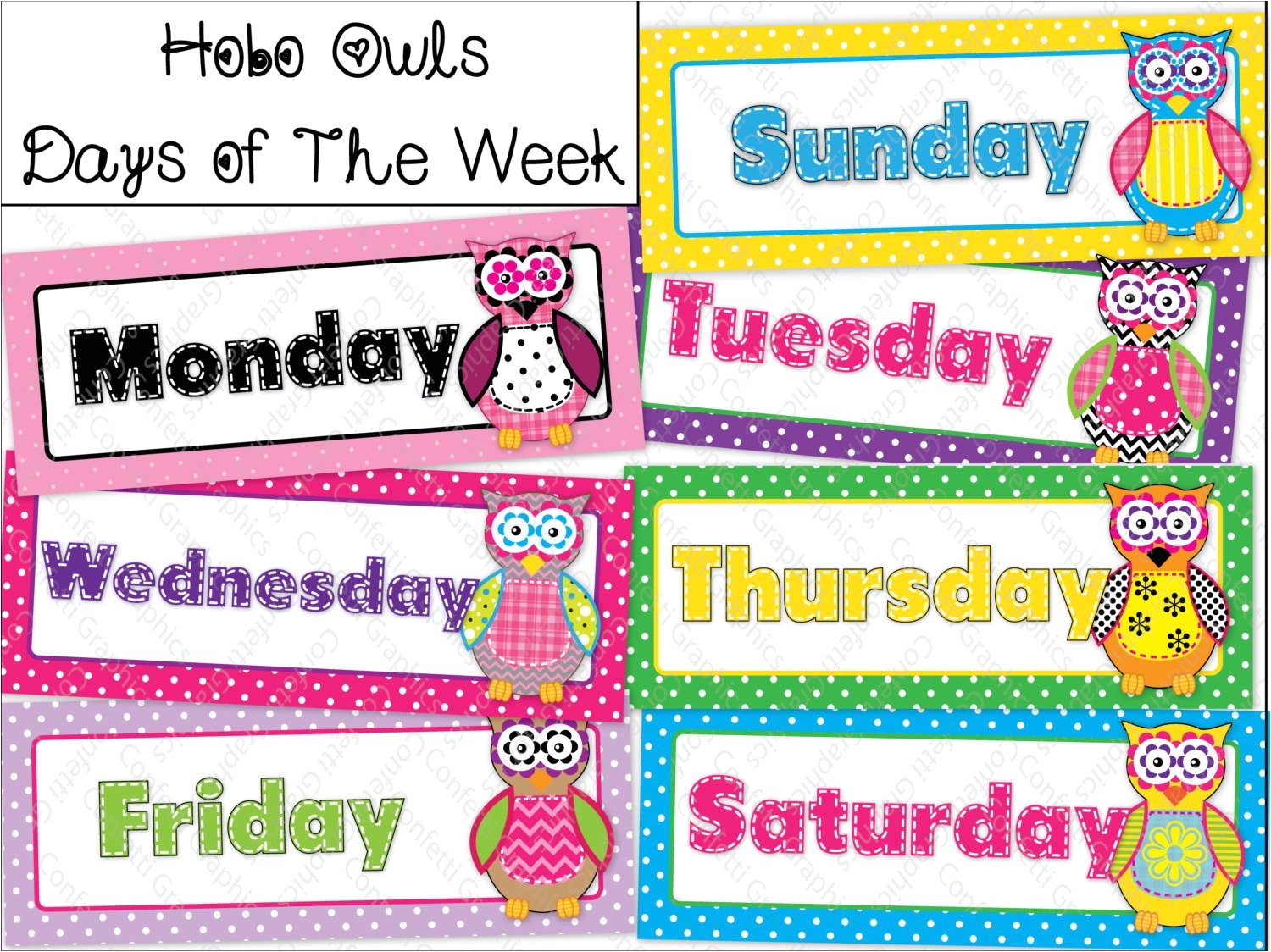 days of the week calendar cards owl
