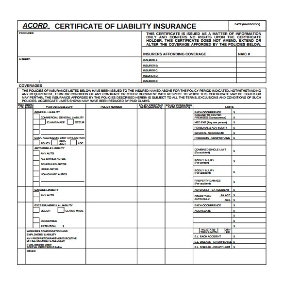 certificate of insurance template