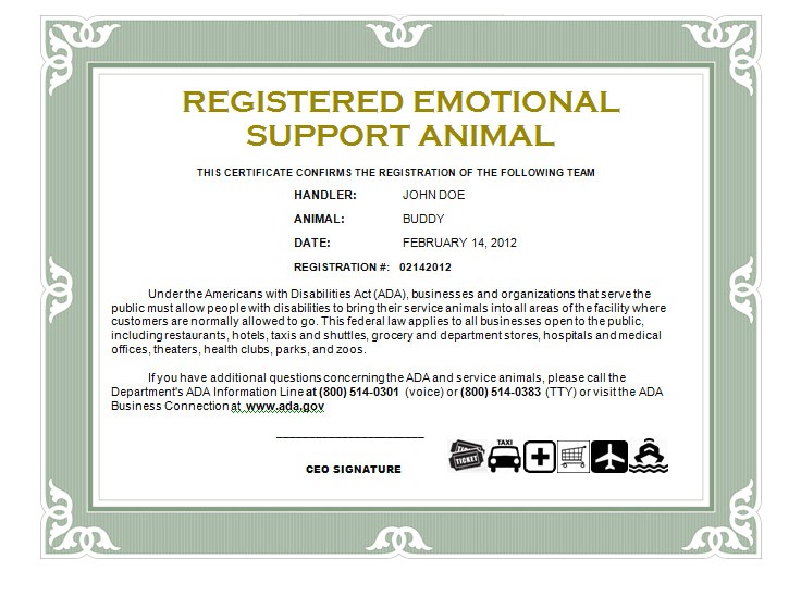Printable Emotional Support Dog Certificate Printable World Holiday