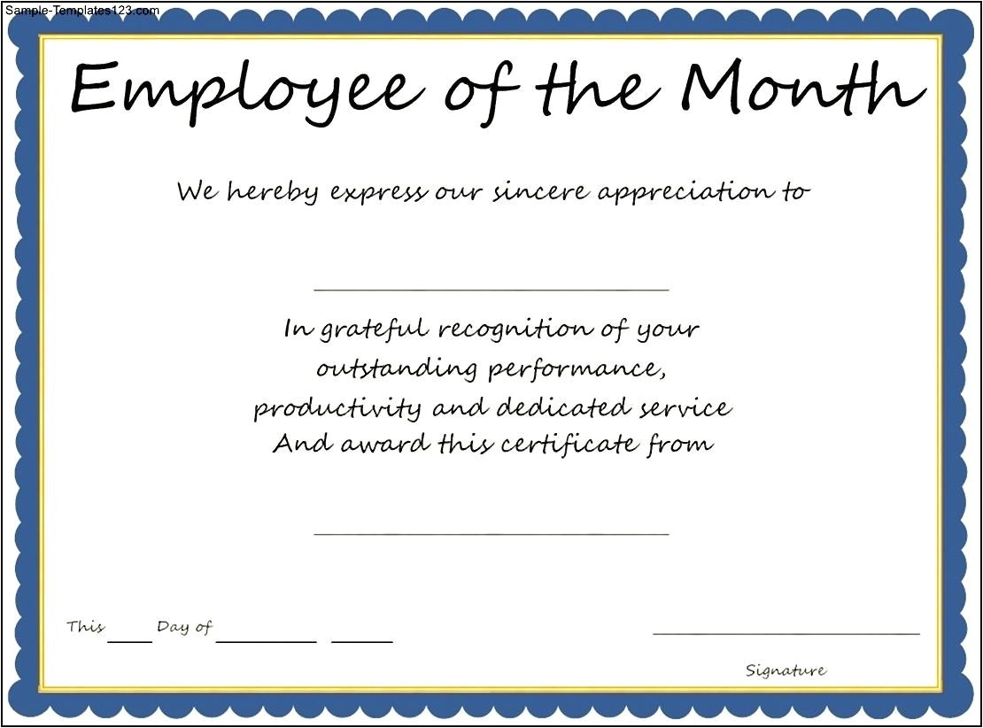 interesting certificate template example for employee of the month with blue frame and informal font and blank space