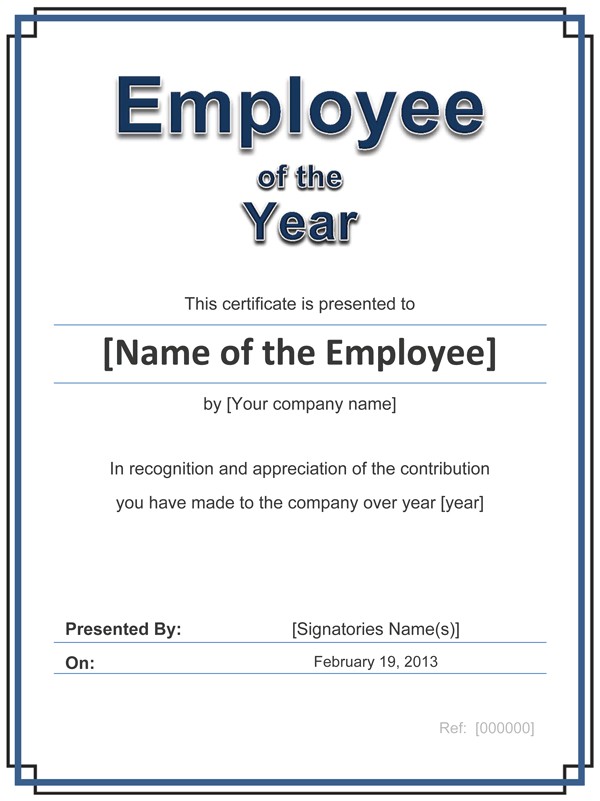 perfect certificate template for employee of the year with huge blue title and blue black frame lines