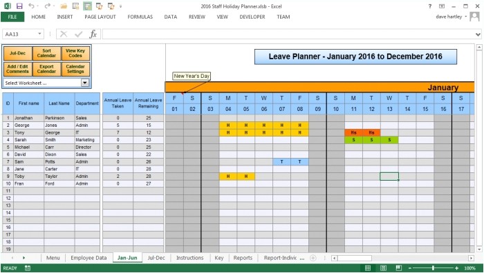 2016 employee time off calendar template
