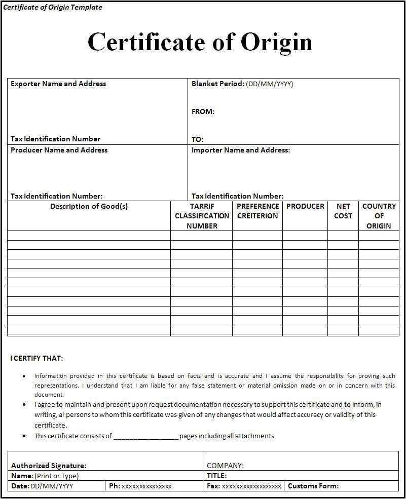 certificate of origin form