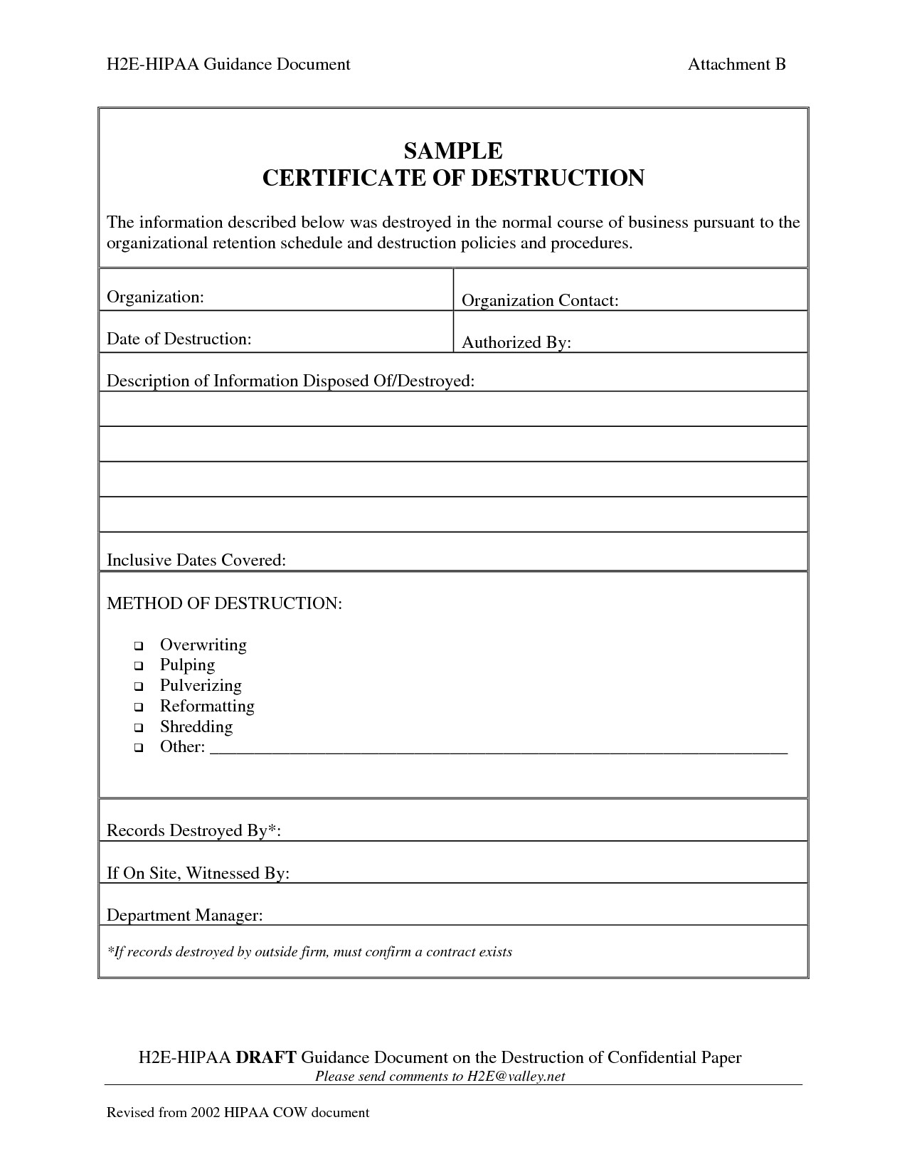 destruction certificate template
