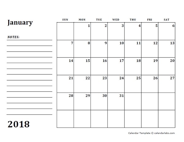 2018 calendar template printable