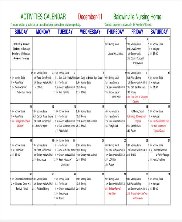 sample activity calendar template