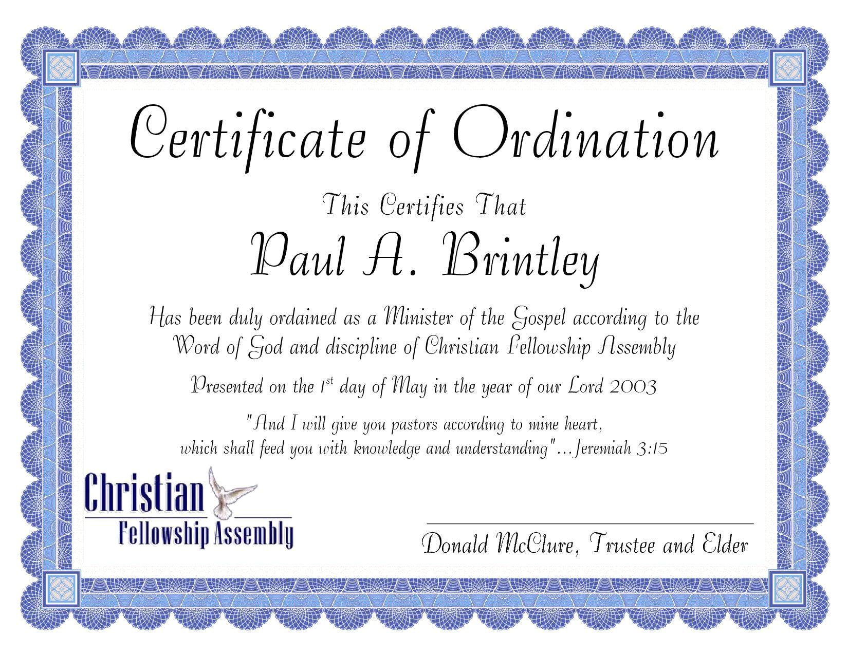 ordination certificate