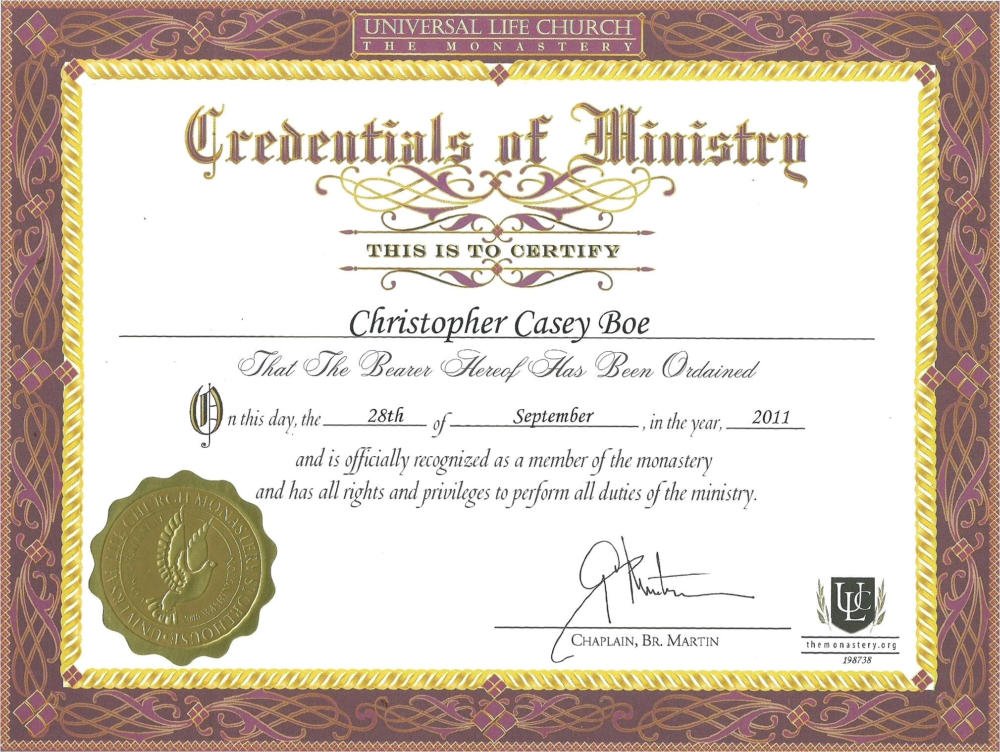 ordination certificate template