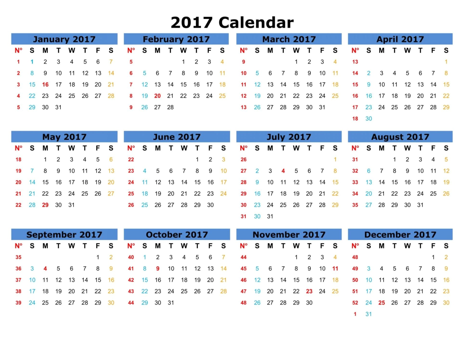printable 12 month calendar template 2017