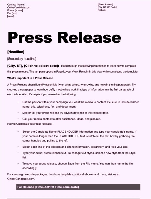 Press Release Calendar Template Free Sample Press Release Template Word