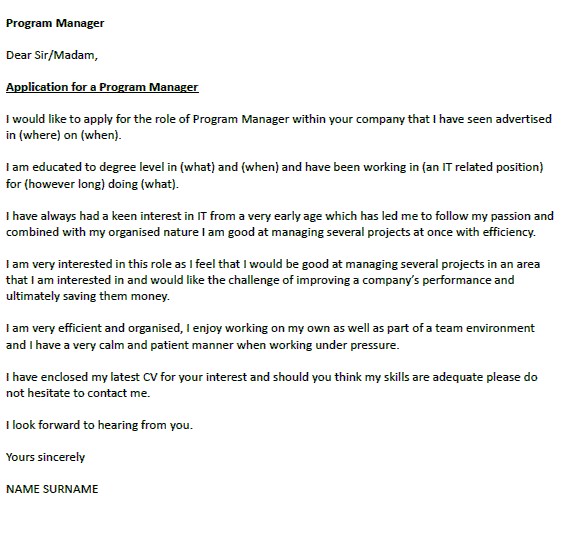 program manager cover letter example