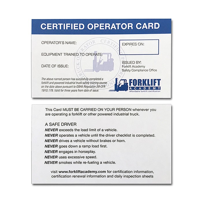 fork lift certification card template