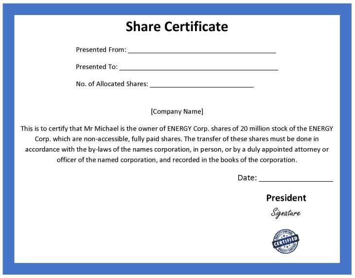ordinary share certificate