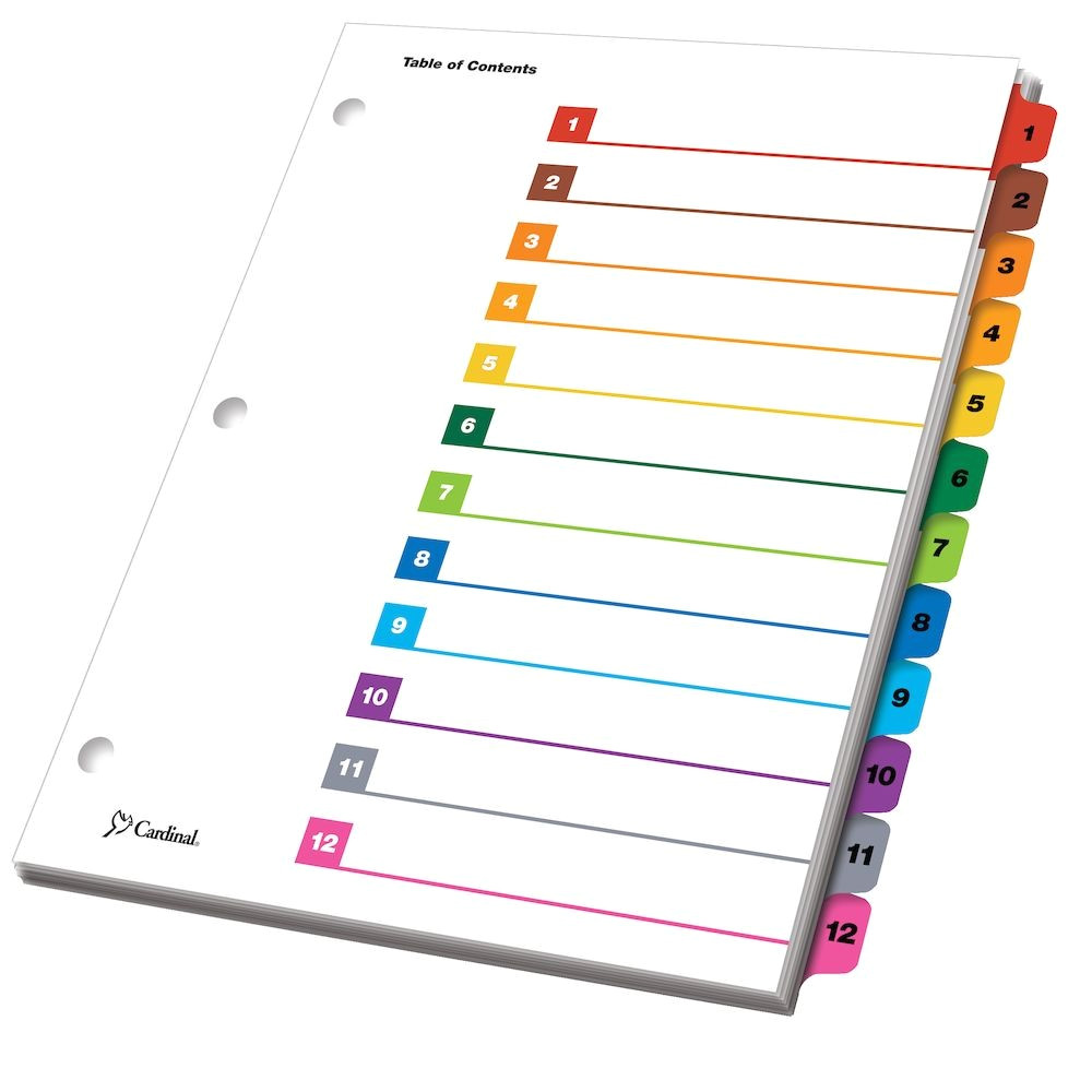 onestepr printable table of contents and dividers 12 tab multi color