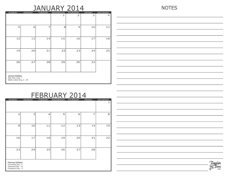 2 Month Calendar Template 2014 2 Month Calendar 2014