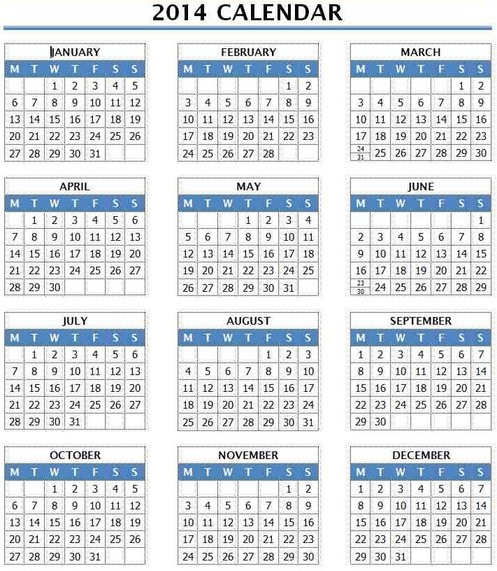 2014 year calendar template 12 months in one page