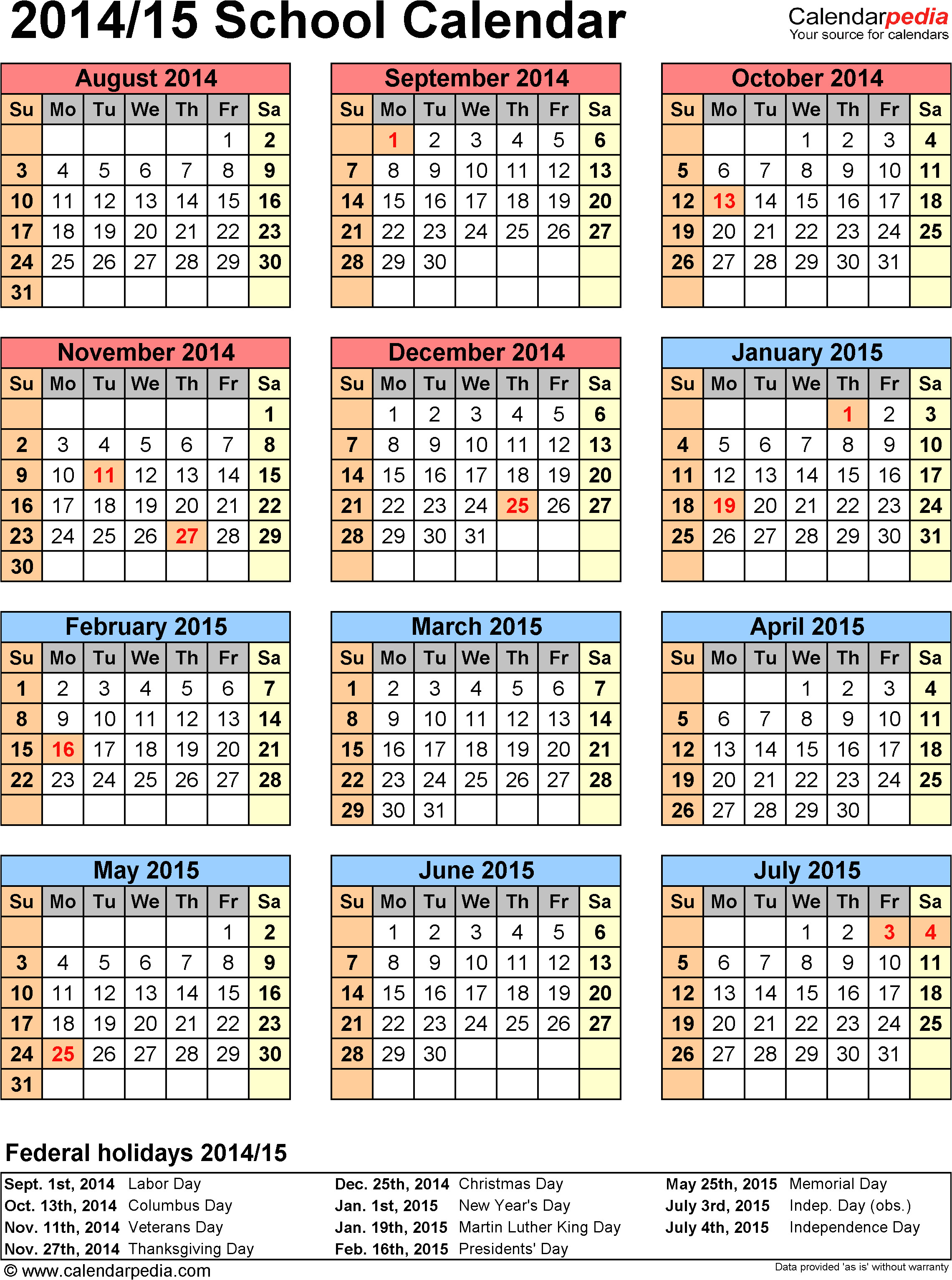 2014-15 Academic Calendar Template School Calendars 2014 2015 as Free Printable Excel Templates