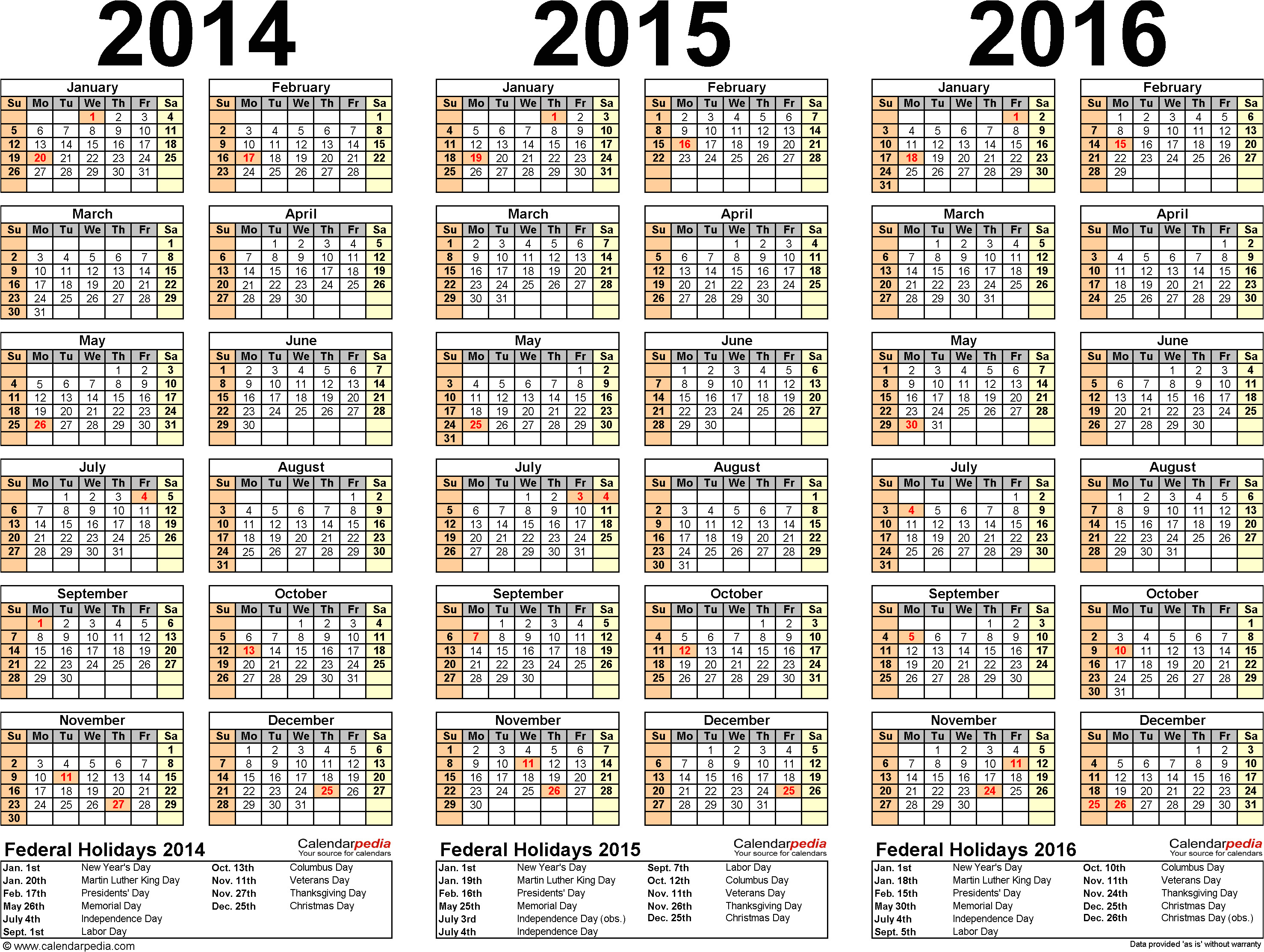 three year 2014 2015 2016 calendar pdf templates