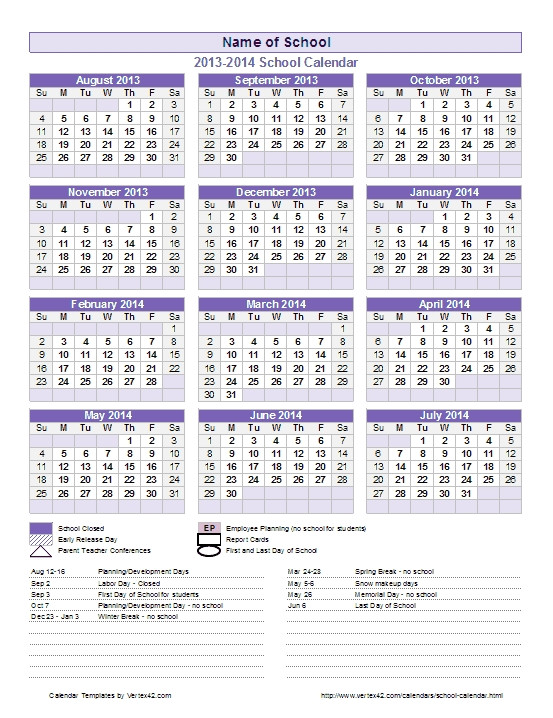 2014 2015 academic calendar template