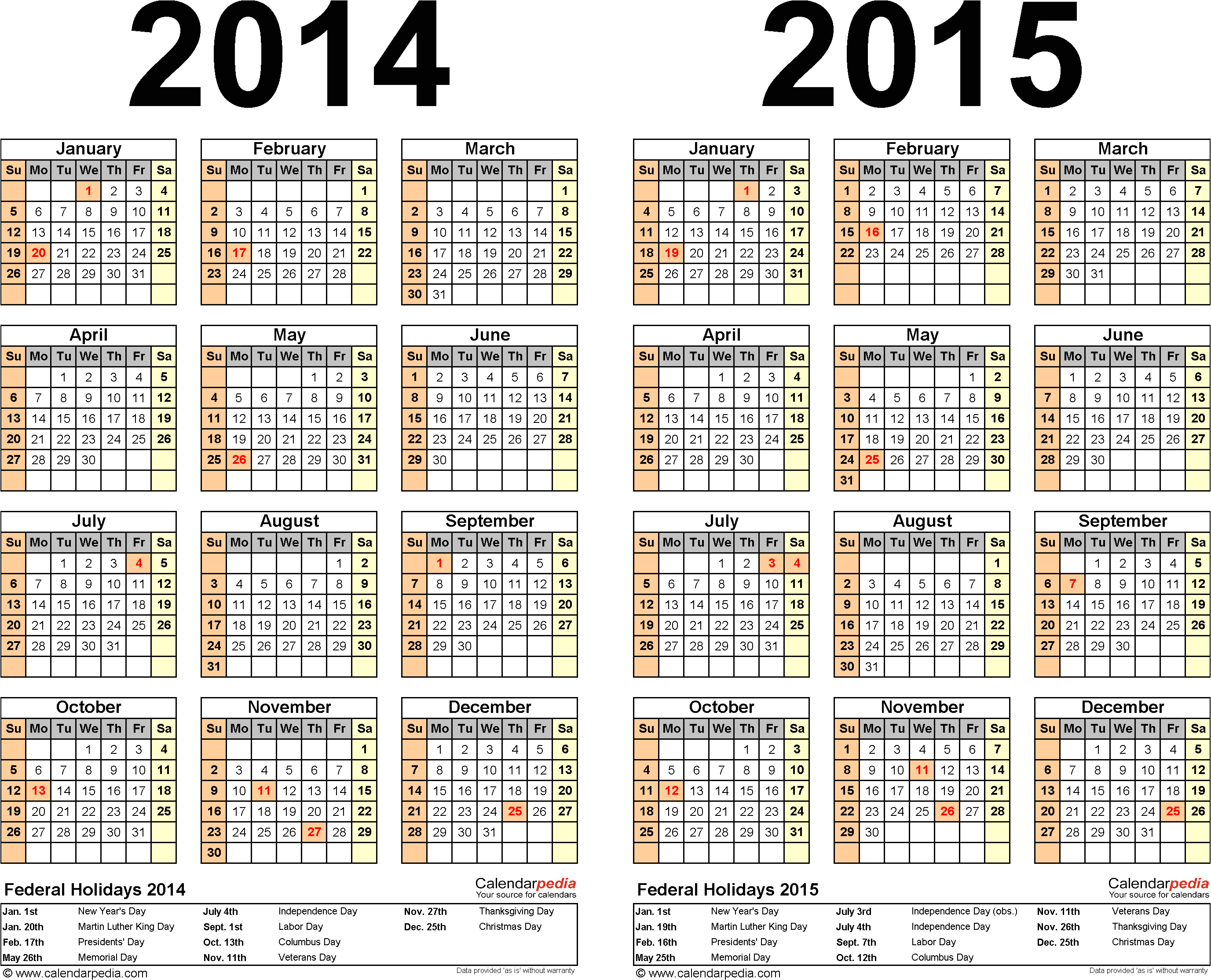 two year 2014 2015 calendar excel templates