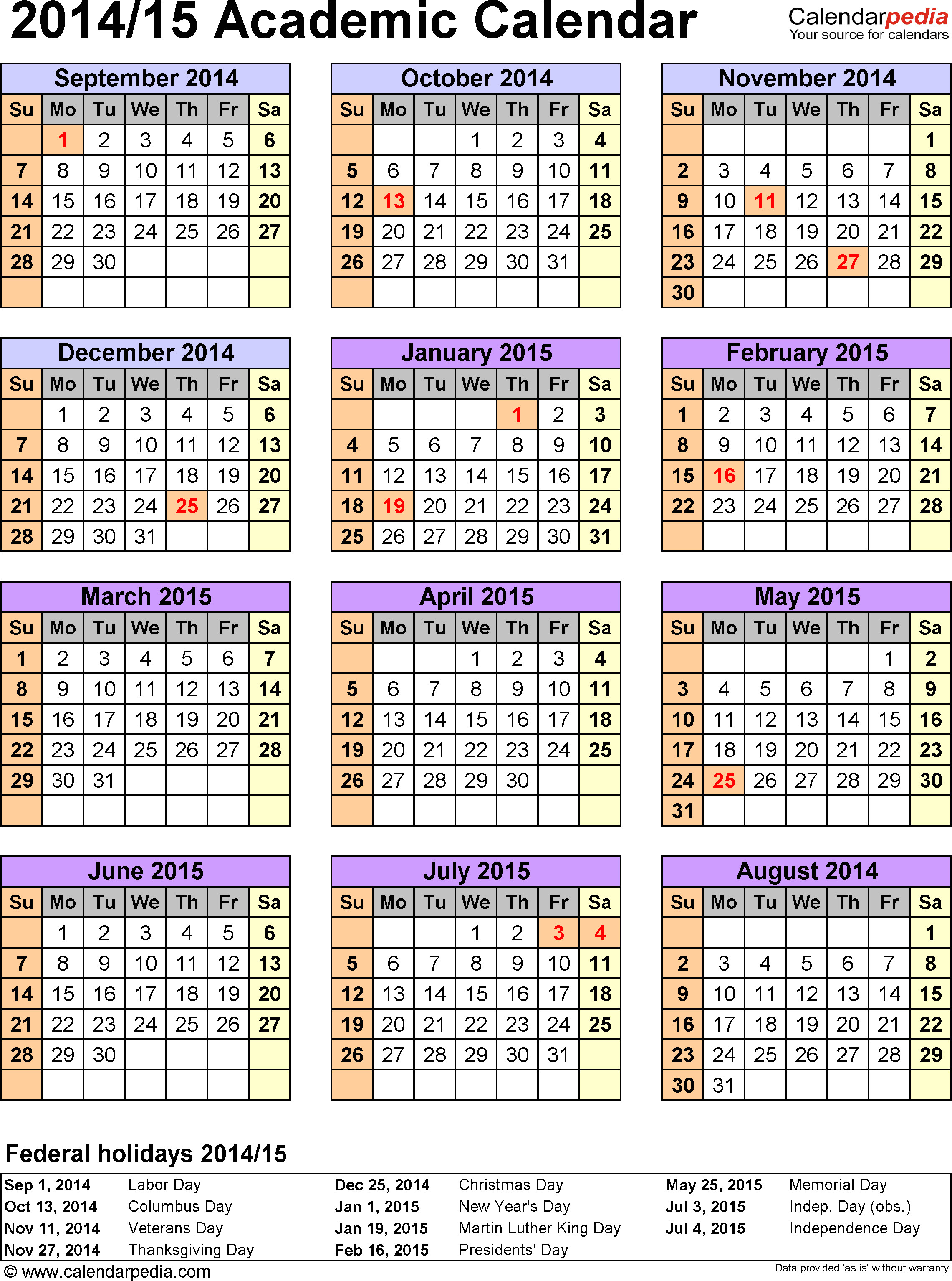 academic calendar 2014 2015 excel templates